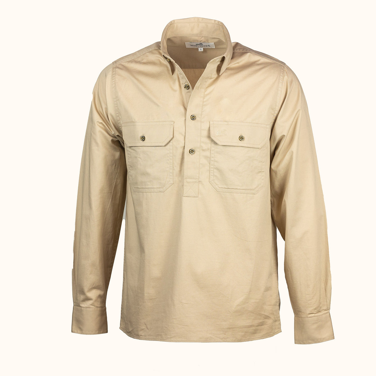 Beige long-sleeve shirt with two front pockets on a white background-front