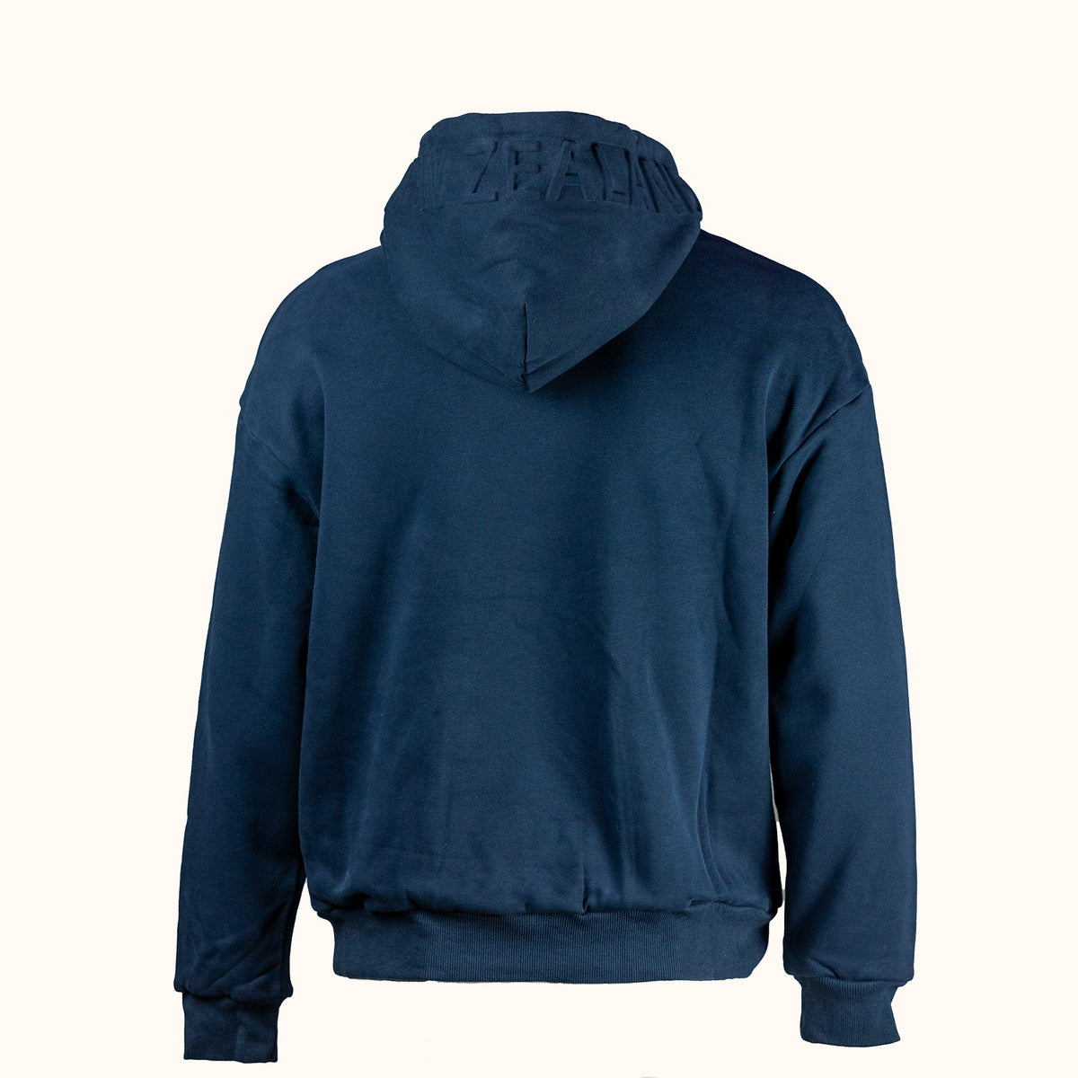 Blue hoodie with 'Zain' branding on the back against a white background