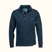 Navy long-sleeve Rugby shirt with brand logo on a white background