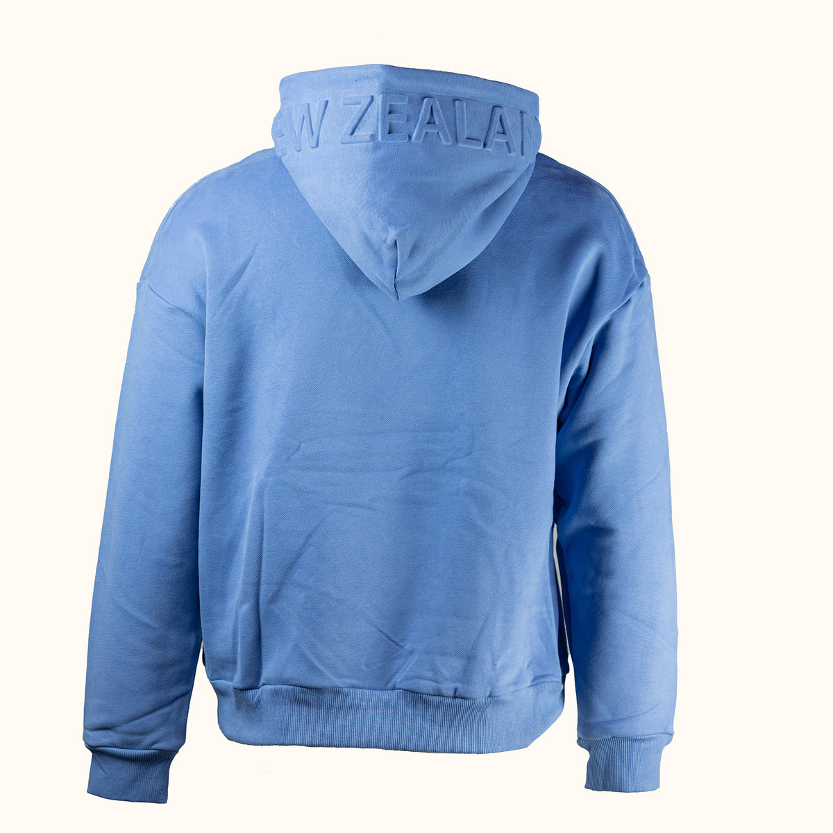 Blue hoodie with 'New Zealand' text on the back against a white background