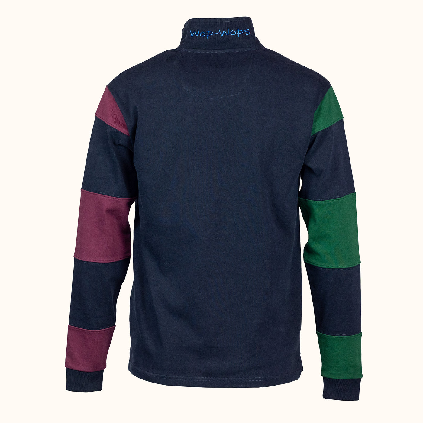 Navy blue pullover with purple and green sleeves on a white background