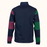 Navy blue pullover with purple and green sleeves on a white background