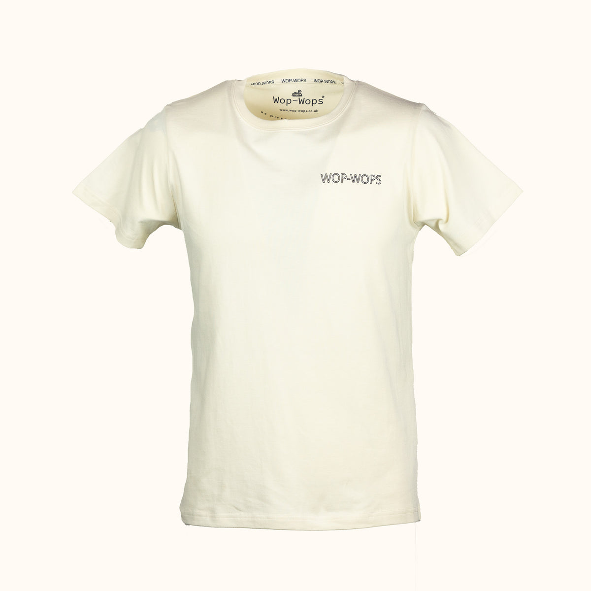 Mens white t-shirt with 'Wop-Wops' branding on a white background