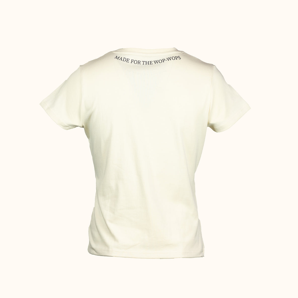 Womens white t-shirt with text on the back against a white background