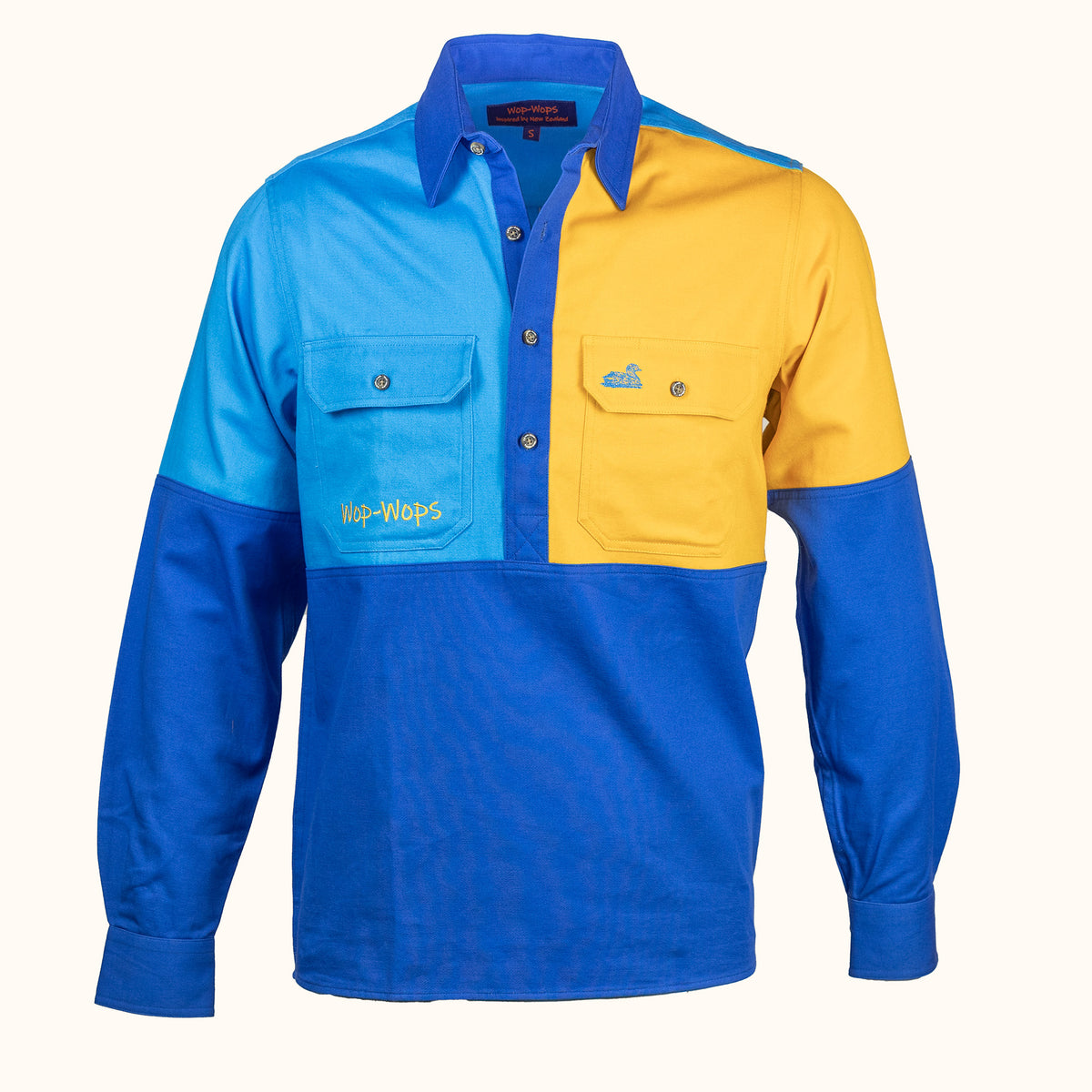 Color-blocked shirt with blue and yellow sections on a white background-front 