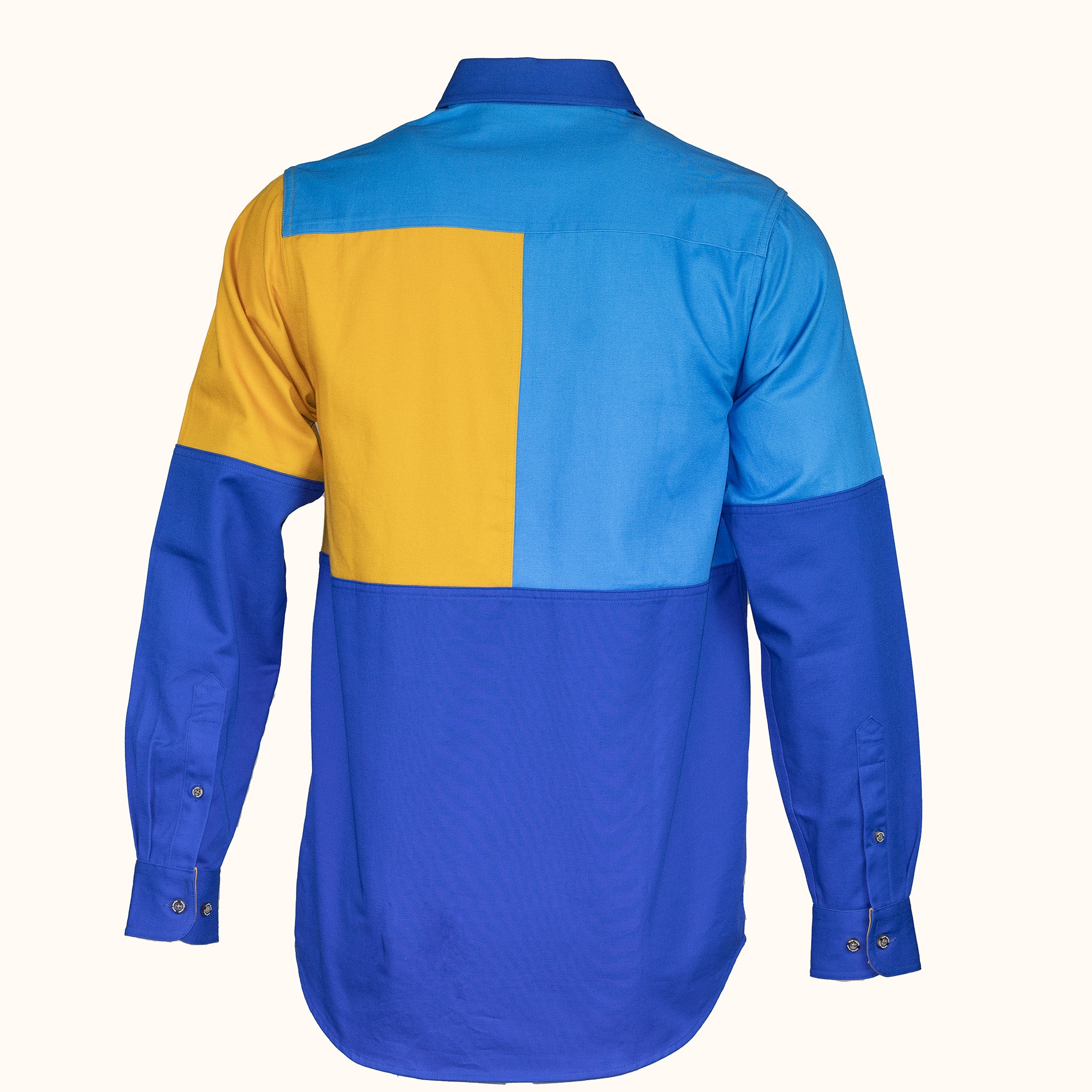 Color-blocked shirt with blue and yellow sections on a white background-back